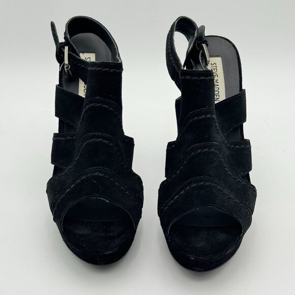 Steve Madden Suede Leather Cutout Platform Heels Black Peep Toe Chunky Slingback - Picture 4 of 12
